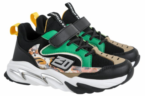 Кроссовки детские INDIGO KIDS (32 (20.5см), Черный/зеленый, Иск.кожа/текстиль, Хлопок 80%, полиэстер 20%, Хлопок 80%, полиэстер 20%, ЭВА\ТЭП)